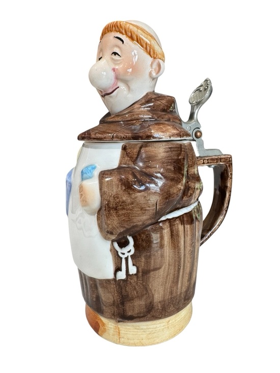 Other - VTG Jovial Monk Ceramic Stein Mug Brown & Cream Functional Metal Lid Mechanism